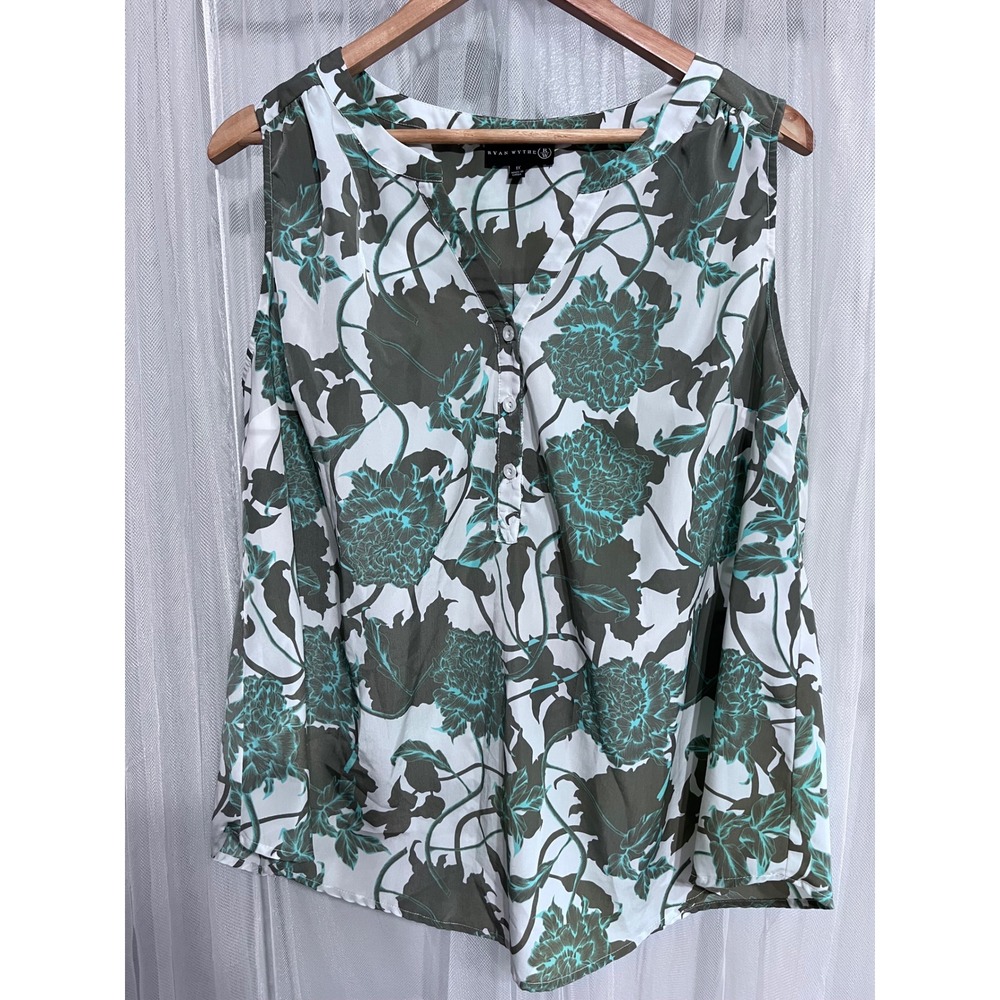 Ryan Wythe Womens 1X Sleeveless Floral Vine Print Button Front Blouse Olive Teal
